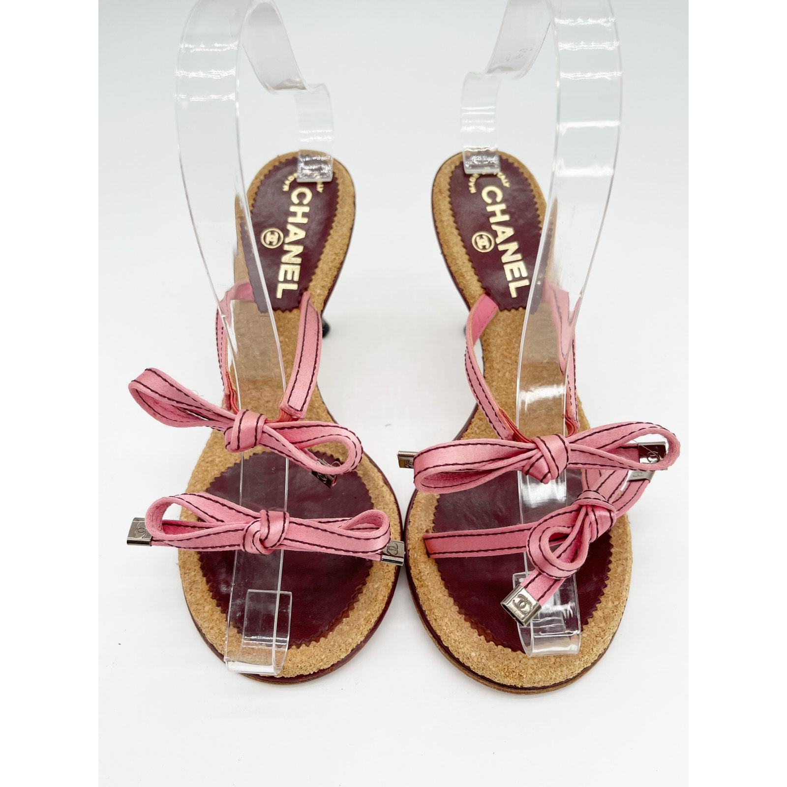 Chanel Vintage Pink Double Strap Satin Bow Cork Sole Slide Sandal Heels Eu 37.5 — image 6 of 8
